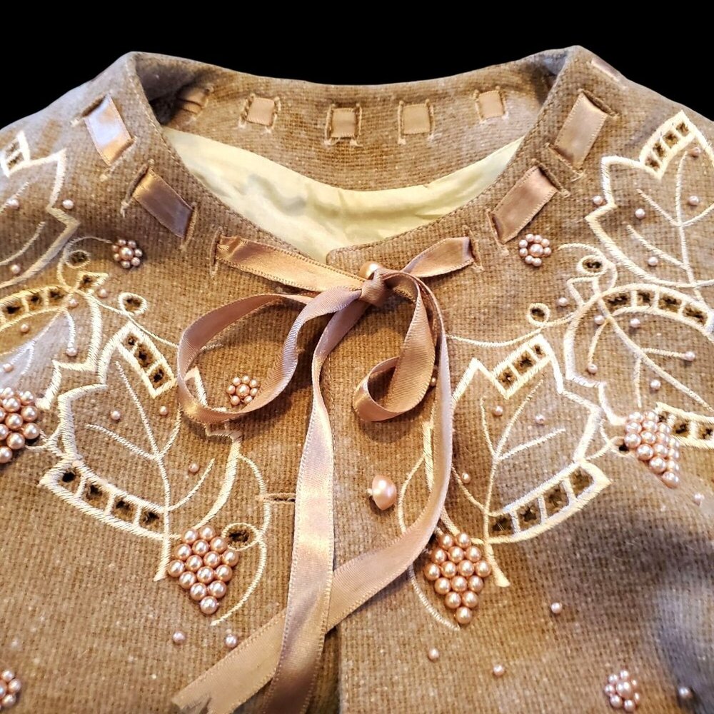 Vintage 90s Cardigan Jacket Pearl Embellished Beige Wool 6 Small - Picture 11 of 13